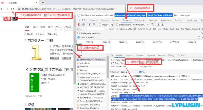 1、瀏覽器審查提取cookie教程，以頭條搜索為例 - 老陽插件